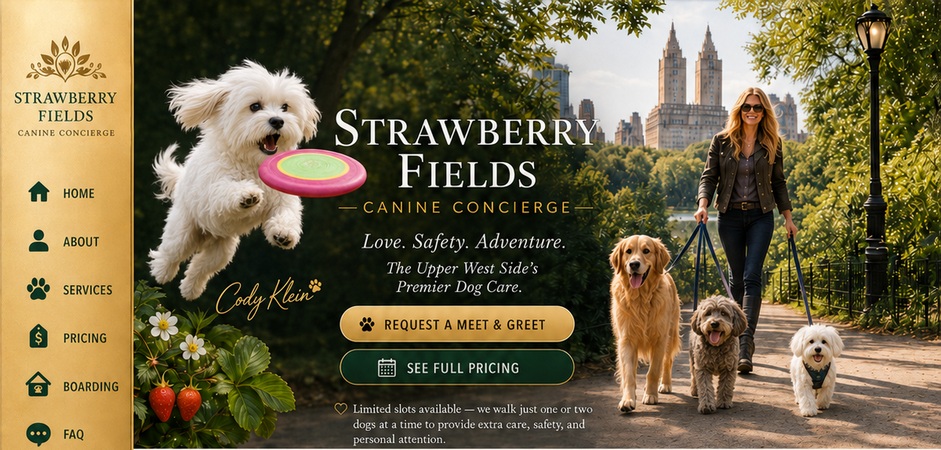Strawberry Fields Canine Concierge with Cody Klein and three dogs in Central Park