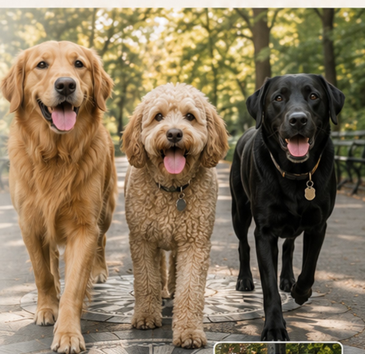 Three dogs walking together in Central Park