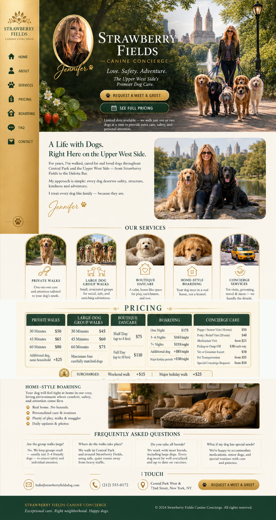 Strawberry Fields Canine Concierge — one-page service, pricing, boarding, FAQ and contact information